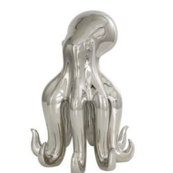 8" x 12" Silver Ceramic Tall Standing Octopus Sculpture