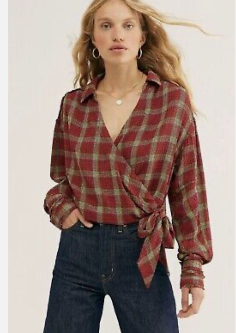 Free People We The Free People Running Wild Wrap Shirt Plaid 