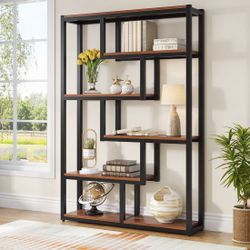 69 in. Tall Rustic Brown Wood 6-Shelf Standard Bookcase with Interior Shelves, Sturdy Metal Frame Home Office