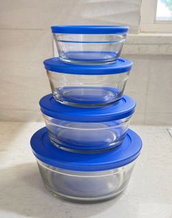 Glass Food Storage Bowls with Blue Lids Set of 4