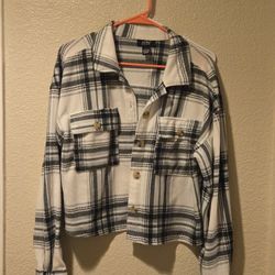 Flannel Plaid Shirt Jacket, Black & White, Size Large