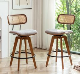 Set of 2- 26" Rattan Bar Stools, Linen Fabric Counter Height Swivel Barstools with Rattan Backrest and Wooden Legs,Armless Mid Century Modern Bar Chai