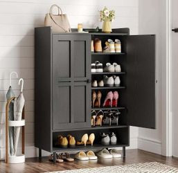Shoe Cabinet with Cross Molding Doors, 6-Tier Shoe Storage Cabinet with 3 Adjustable Shelves and Metal Legs, 45'' Tall Shoes Rack Organizer Cabinet fo
