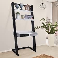 New Walnut and White 3-Tier Ladder Shelf Bookcase with Desktop and Drawer