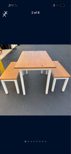 Farmhouse 3 Piece Solid Wood Dining Set, Table and 2 Benches Very Good Condition