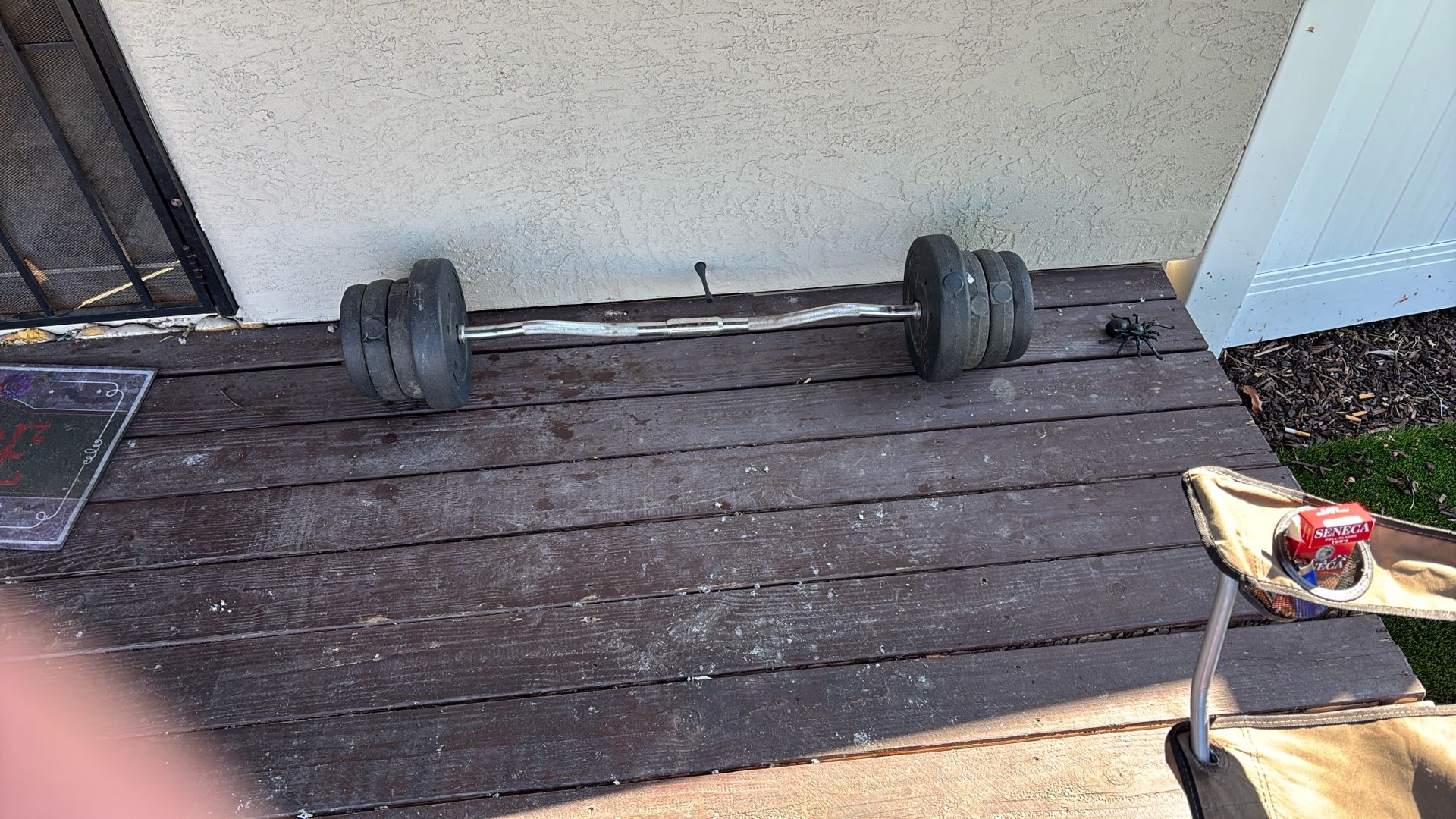 Curl bar with 65 pounds on it