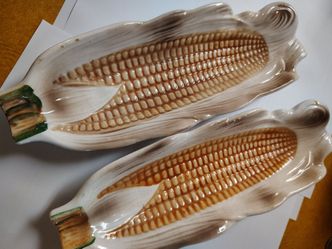 Set of 2 Corn Cob Dishes Vintage Mid Century Modern Dishes Holders Plates Ceramic