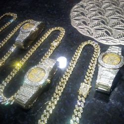 Record label or Groomsmen 8 Pack 4 Short 18" Chains & Lab Diamond Watches Heavy Imported Watch Set Resizable
