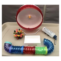 Small Pet Hamster supplies, Wood chew, tunnel, Wheels, water bottle $1 Each