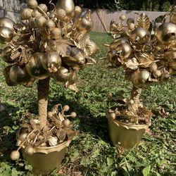 Two gold topiary fruit trees 