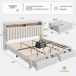 King Size Upholstered Platform Bed Frame with Storage Drawers