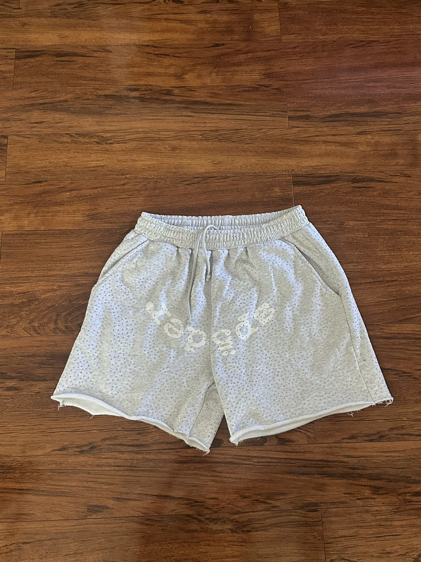 Light Grey VVS Rhinestone Sp5der Shorts 
