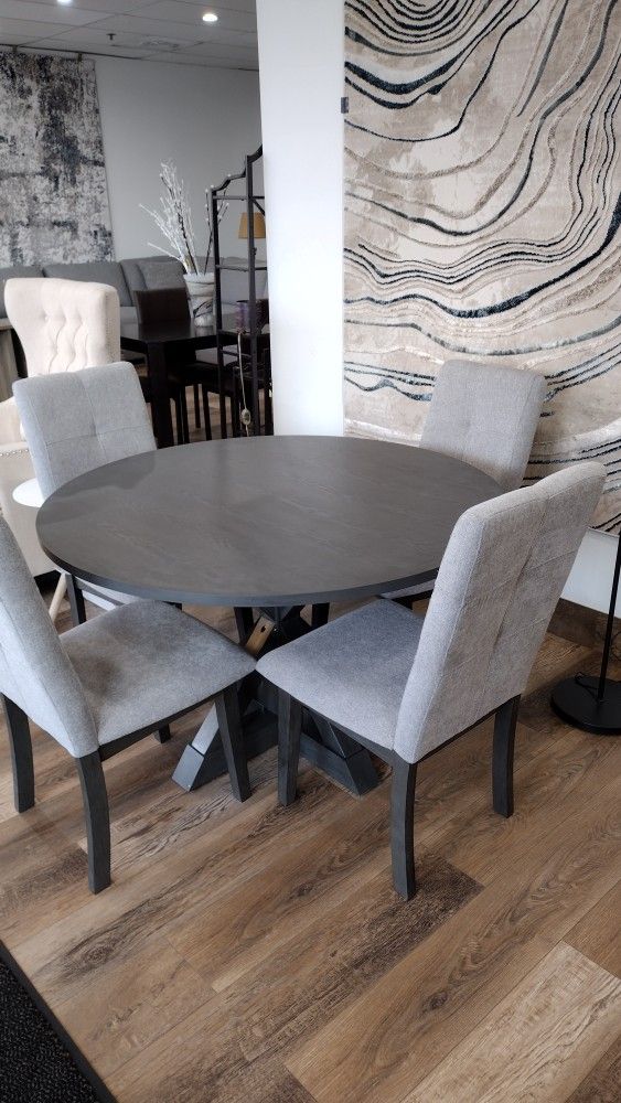 Modern 5-piece Round Dining Table Set with Cross-Buck Dining Table, Upholstered Chairs