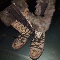 Coach Laurilyn  Brown / Tan Patchwork Fur Trim Winter Designer Boots