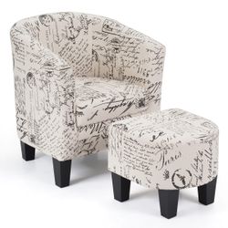Barrel Accent Chair Tub Chair Linen Fabric Upholstered w/Ottoman Modern Beige