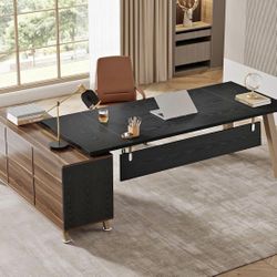 JW0991AB 78.7-Inch Executive Desk, L-Shaped Desk with 55-Inch Cabinet, Large Office Desk with Storag
