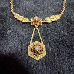 Vintage 12k Gold Filled Diamond Necklace, Tested Stones Elegant Filigree Pendant