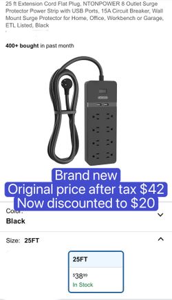 25 ft Extension Cord Flat Plug, NTONPOWER 8 Outlet Surge Protector Power Strip with USB Ports, 15A Circuit Breaker, Wall Mount Surge Protector for Hom