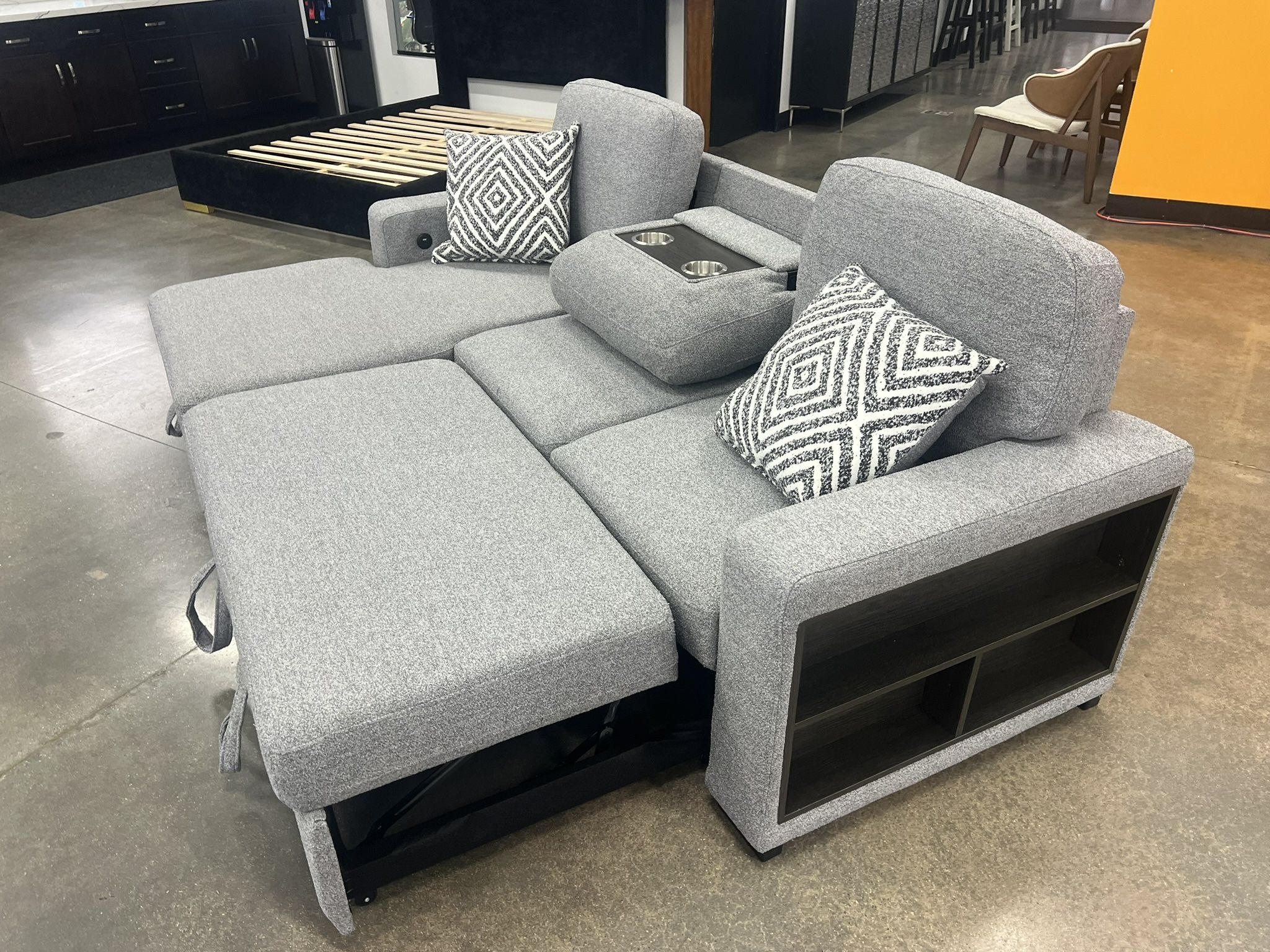 New Couch W Pullout Sleeper/Chaise Storage. Grey Fabric. 93x61x38H(Seat Ht 18”H). Free Delivery!