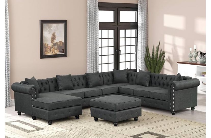 Chesterfield - U-Shaped Polyester Fabric Convertible Modular Sofa with Tufted Decorative Chaise Lounge for Living Room