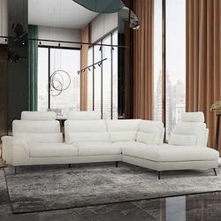 Beautiful White Leather Sectional With Chaise (New)