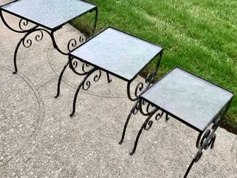 Set of 3 Vtg. 1940 Nesting Tables Indoor / Outdoor Wrought Iron Frames Removable Glass Tops