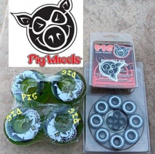 Rare Pigwheels 54mm Skateboard Wheels, Bearings, & Hard Riser NEW!