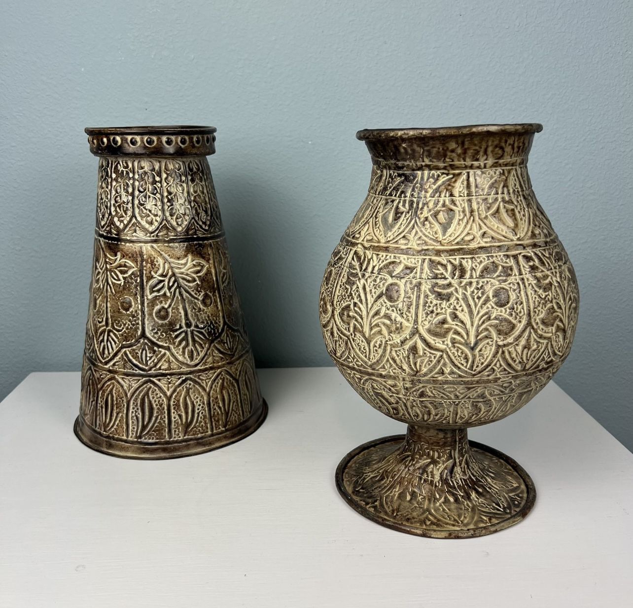 2 Metal Engraved Italy Themed Vases
