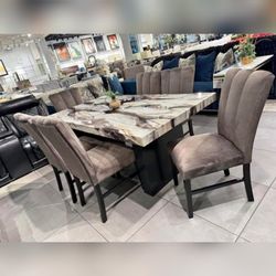 Luxury & modern elegant stylish Marble finish 7 pc dining table set with Black pedestal base