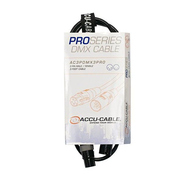 Accu-Cable AC3PDMX3PRO, 3-Pin Male to 3-Pin Female DMX Cable - 3 Ft