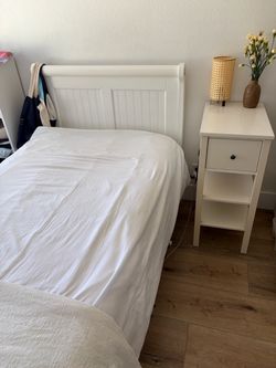 White Wood Sleigh Bed Frame (twin) w/ side table