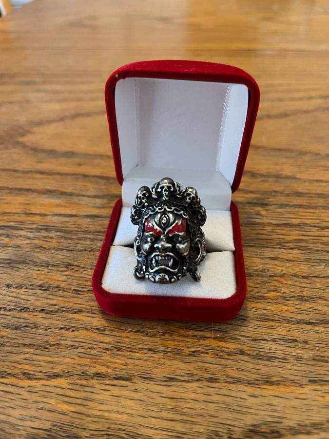 Men’s Stainless Steel Silver & Red Eyebrows & Fang Teeth Huge Facial Medusa Skeleton Gothic Ring Size 12