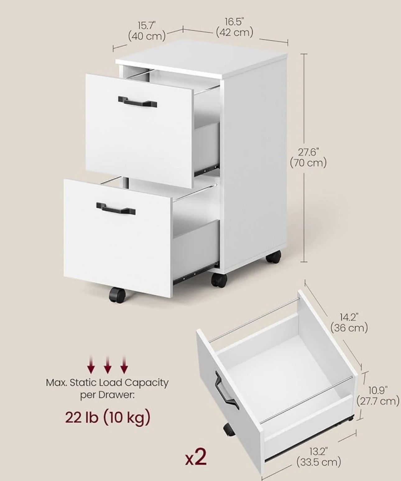 VASAGLE 2 Drawer File Cabinet w/ Rolling Wheels - White