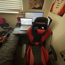 While Set Up Desk Chair Laptop And Monitor 
