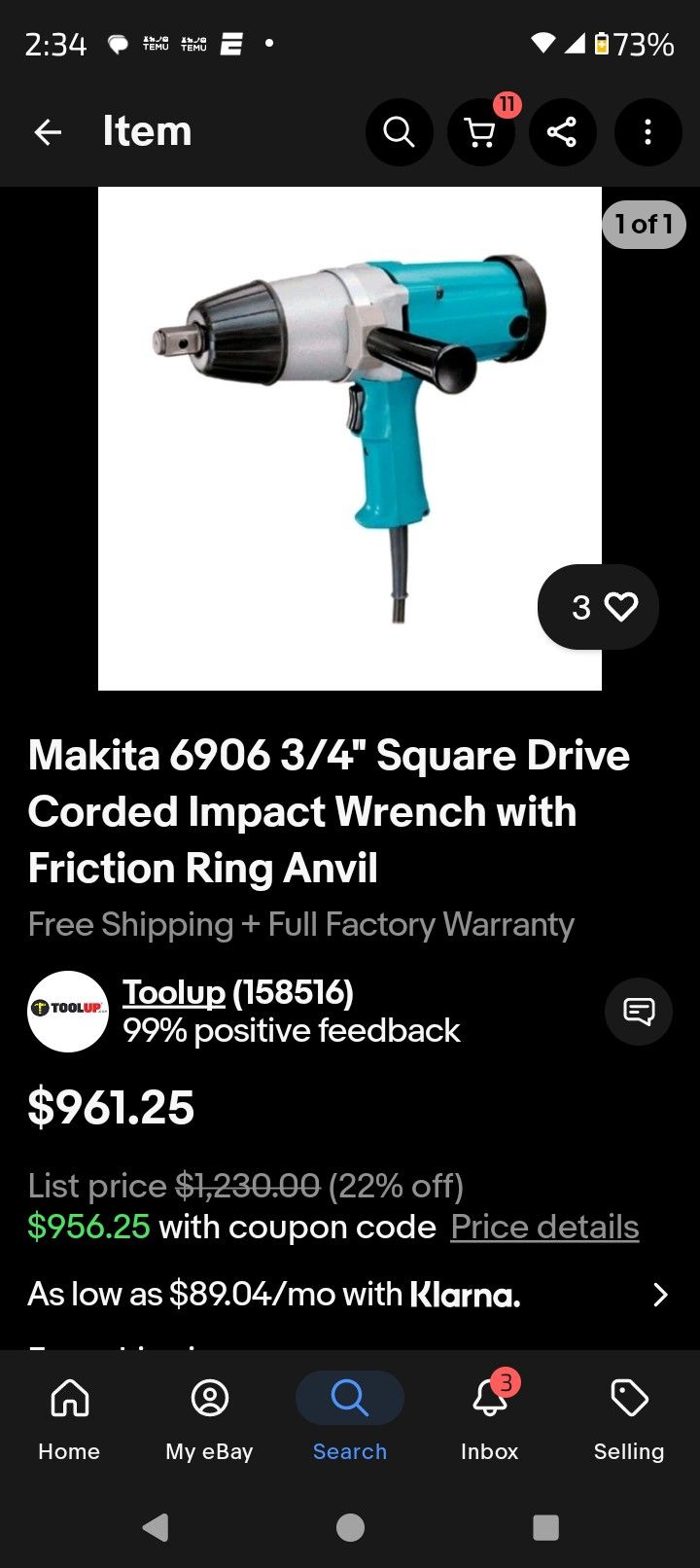 Makita 6906 3/4" impact 440lb torque