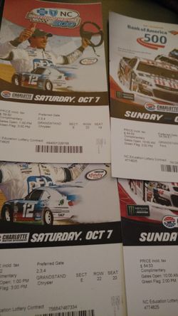 2 TICKETS TO CHARLOTTE SPEEDWAY 2 TICKETS FOR INFINITY 2 FOR MOSTER RACE 10-7 10-8
