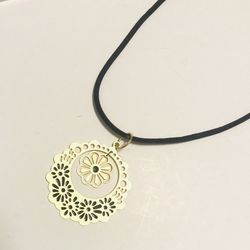Gold Floral Statement Pendant On Black Cord, New