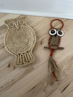 Set Of 2 Vintage Wicker/Macrame Owls