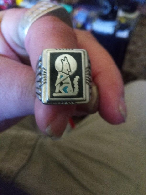 Sterling Silver Black Onyx Turquoise Wolf Ring
