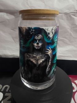 Sugar Skull Glass Can Cup with Bamboo Lid
