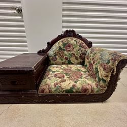 1920’s Rare Model Victorian Style Floral Gossip Bench with Drawer