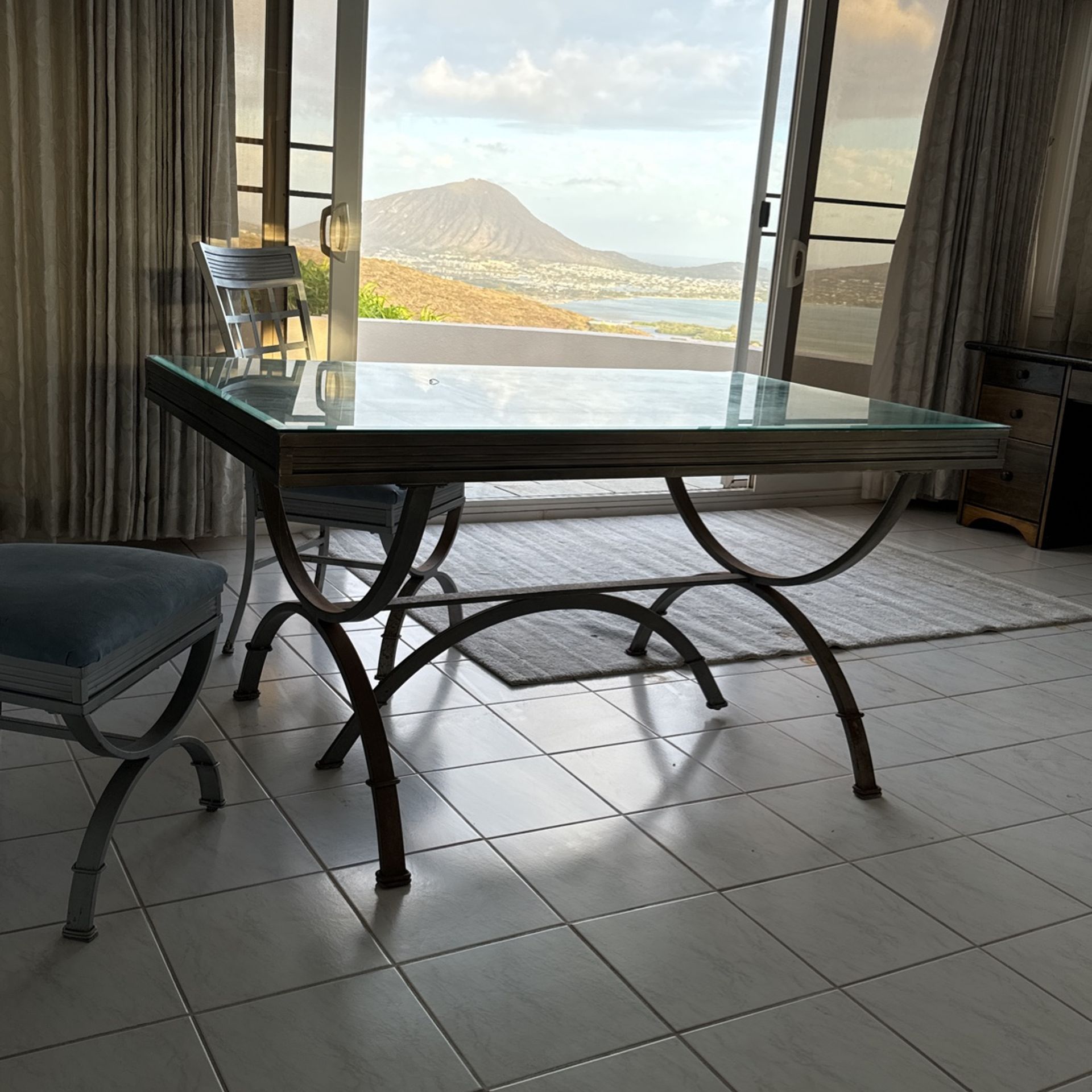  Beveled Glass Top Dining Table. With 4 Chairs. And A Matching Hutch. Purchasers For $1675 From Germany. 