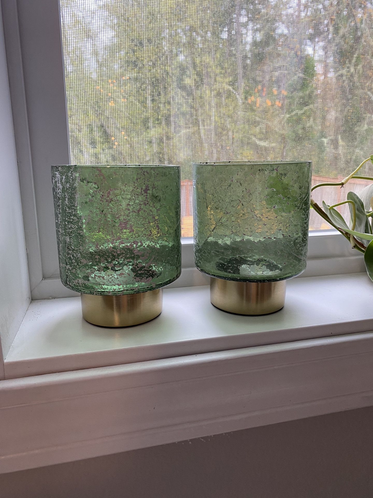 Two Green Holiday Hurricanes, Short - Candle Holders- Holiday Decor