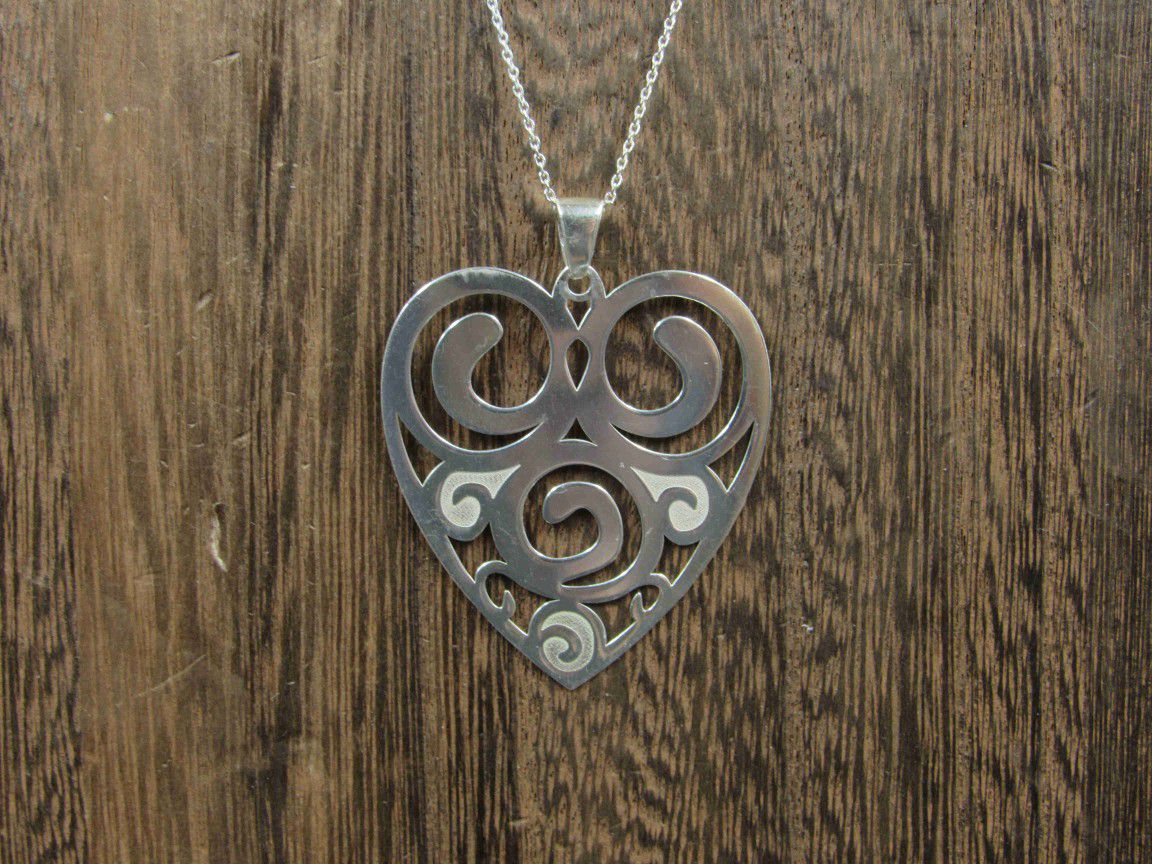 18" Sterling Silver Large Ornate Love Heart Pendant Necklace Vintage