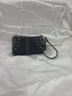 Coach Black Logo Wristlet Wallet w/ Studded Trim Zip Wrist Strap, Folding