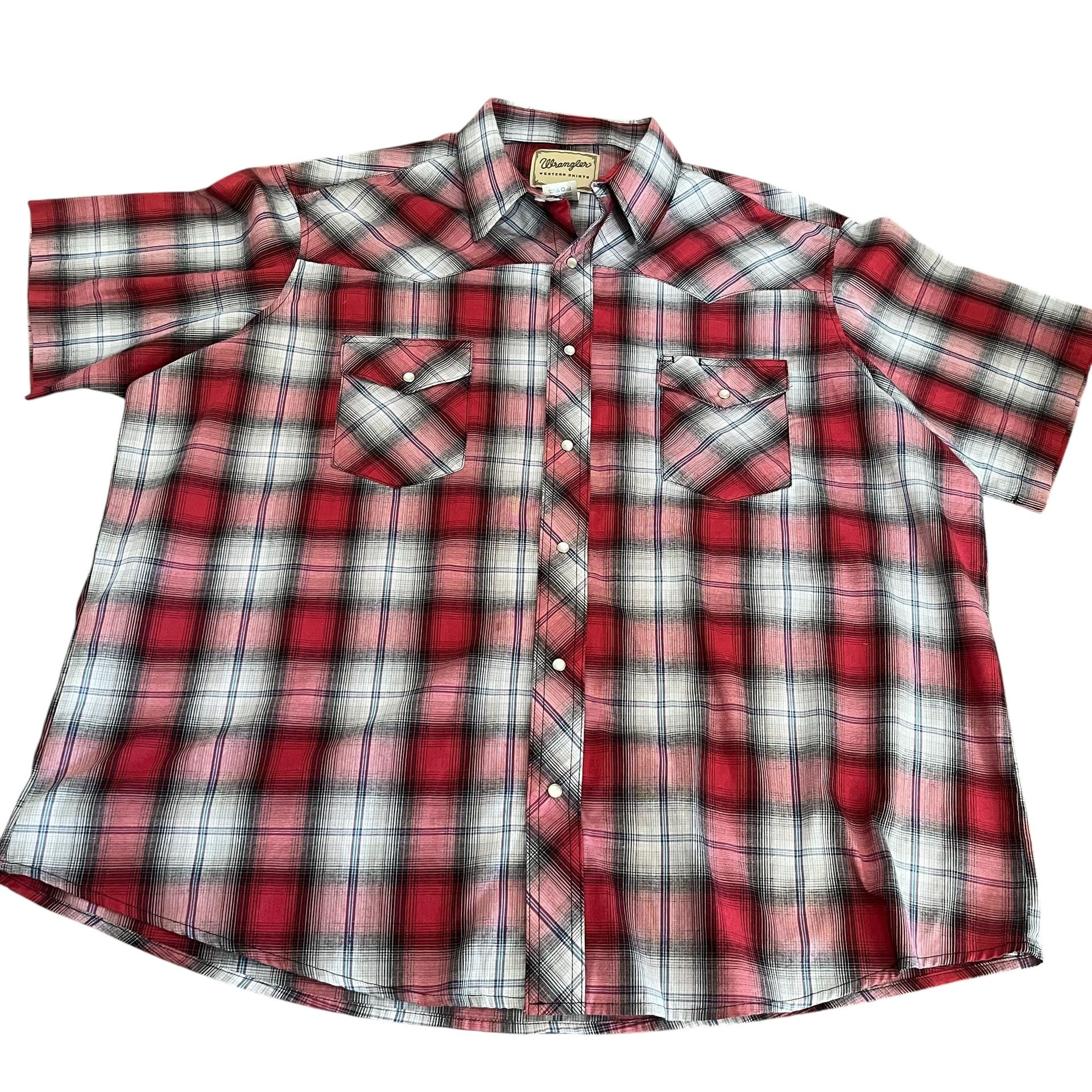 Wrangler Shirt Pearl Snap Plaid Button Up Mens Size XXL  Short Sleeve Red & Gray 