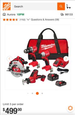 Milwaukee
M18 18-Volt Lithium-Ion Brushless Cordless Combo Kit (4-Tool) with 2-Batteries, 1-Charger and Tool Bag