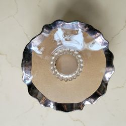 VTG Cut Glass Bowl Silver Plated Ruffle Rim Crystal Serving Dish MCM