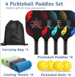 Set of 4 pickleball paddles, 4 balls, 4 towels & carrying bad NEW in box