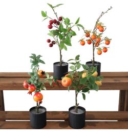 4 PCS Artificial Pomegranate Cherry Plant, Realistic Fruit Tree Branch with Black Pot, 19 Inch Height, 4 Inch Base, Home Decor (4)